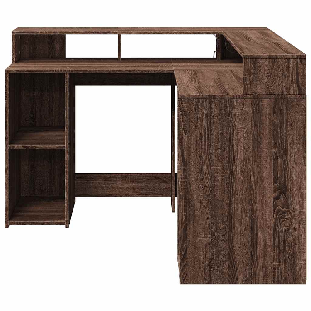 LED Desk in Brown Oak Look 130x130x91 cm Particleboard