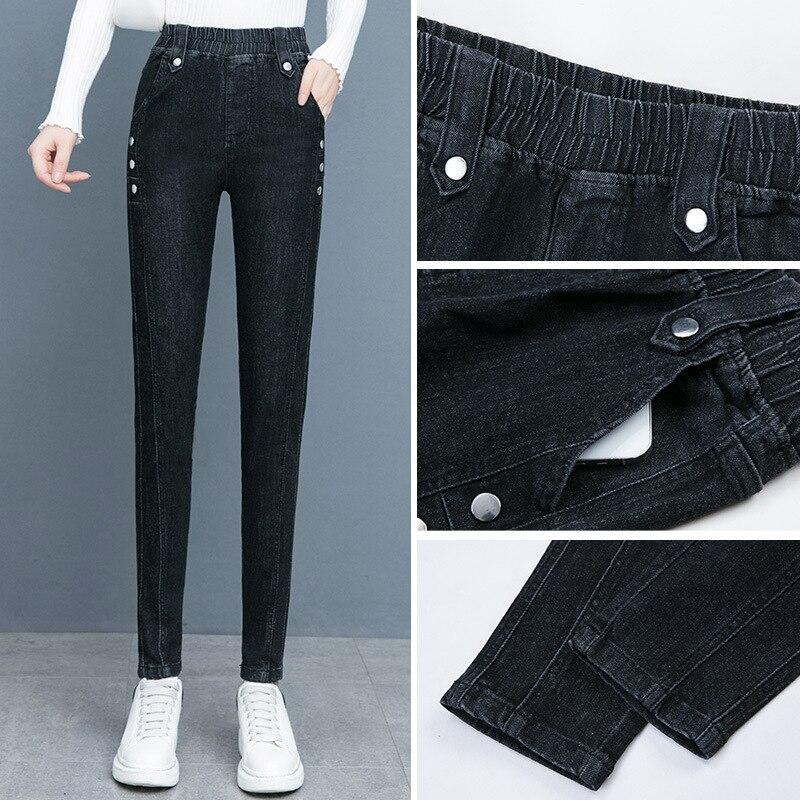 Эластичные джинсы женские весенне-осенние модные эластичные узкие джинсы с высокой талией на боковой пуговице женские повседневные узкие джинсовые брюки-карандаш