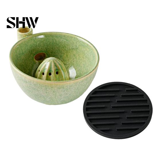 Stylish Kitchen Counter Accessories Berry Swirl Draining Bowl with Silicone Pad, Ceramic Retro Kiln Manual Lemon Juicer Tool Fired Colander,