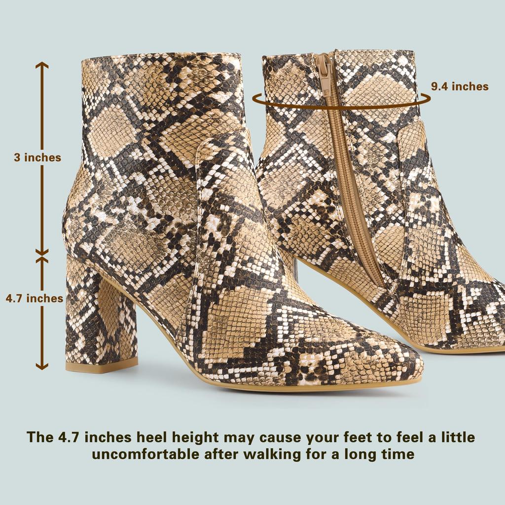 Женские коричневые ботильоны Allegra K с принтом под змею и пайетками, на массивном каблуке и с острым носком, размер 26,0 см