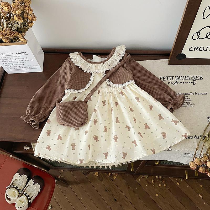 Платье для девочек 2024 года, осеннее милое платье в западном стиле с цветочным принтом