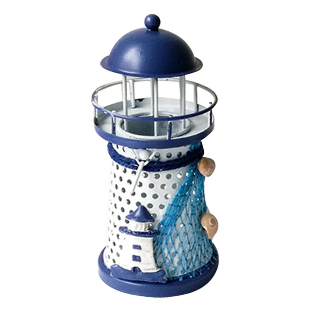 Mediterranean Lighthouse Iron Candle Candlestick Blue White Home Table Decor