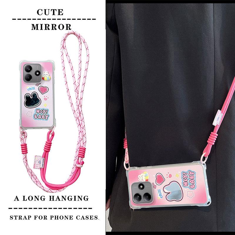 KEYSION Crossbody Strap Phone Case for Redmi Note 14 4G 5G Cute Cartoon Long Lanyard Mirror Shockproof Cover for Redmi Note 14 5G