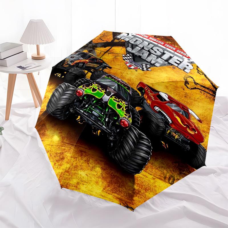 Monster Jam, Monster Trucks Themed Automatic Opening and Closing Umbrella, Compact Travel Umbrella, Lightweight and Portable, Suitable for B