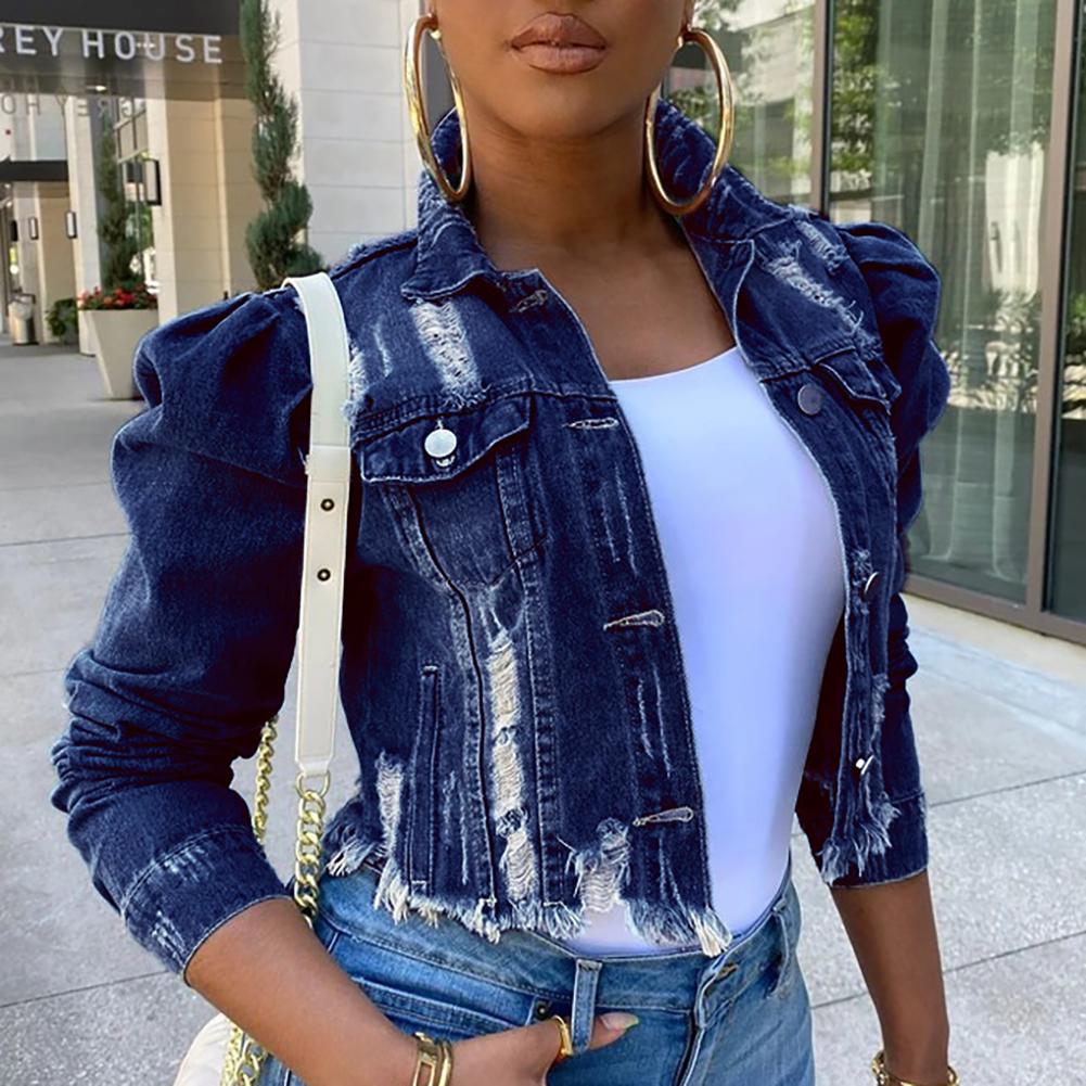 Autumn Women Coat Jackets Sexy Long Sleeve Pocket Ripped Denim Jacket Streetwear Short Coat Plus Size