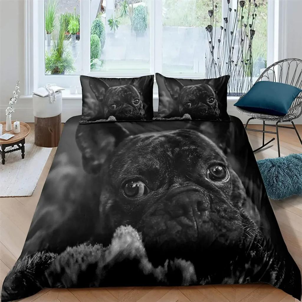 3pcs Cute Dog Bedding Set, Single/Double Bulldog Duvet Cover and Pillowcase, Home Bedroom Decoration, Gift for Boys and Girls