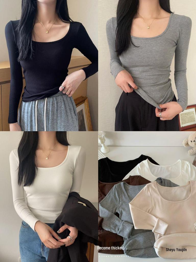 Футболка в корейском стиле облегающего кроя с квадратным вырезом из матового вельвета с нагрудными вкладышами для осени и зимы