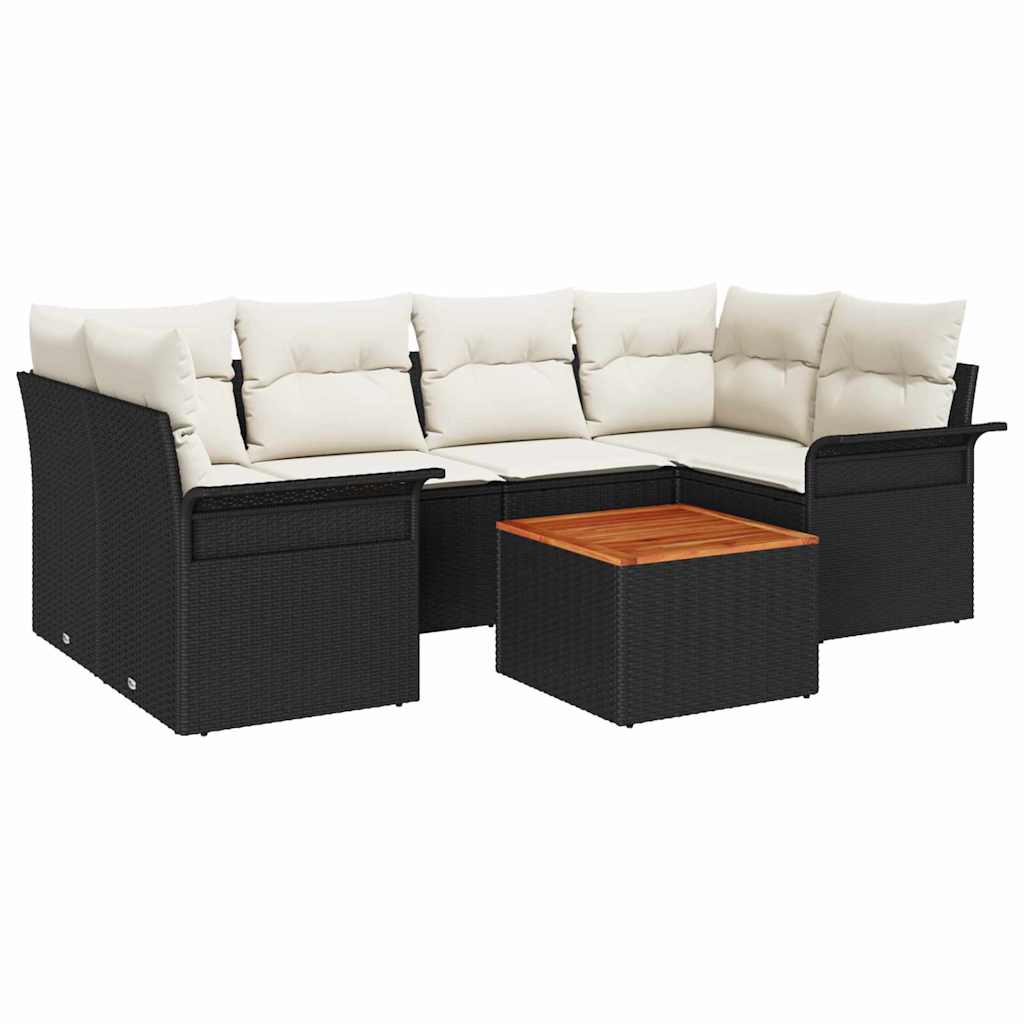 7 Piece Garden Sofa Set with Storage in Black and Cream Poly Rattan