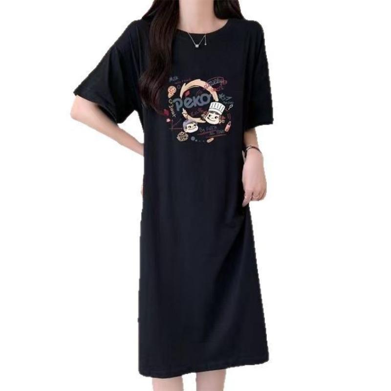 Женское летнее платье-футболка с короткими рукавами, свободное пижамное платье средней длины с разрезом