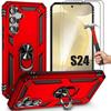 Case and Tempered Glass - Booling - for Samsung Galaxy S24 - Red - Shockproof - Built-in Ring Stand