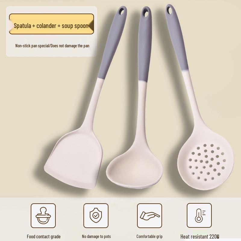 Серый и белый силиконовый набор кухонной утвари: Жаростойкий, антипригарный скиммер, лопатка и суповая ложка