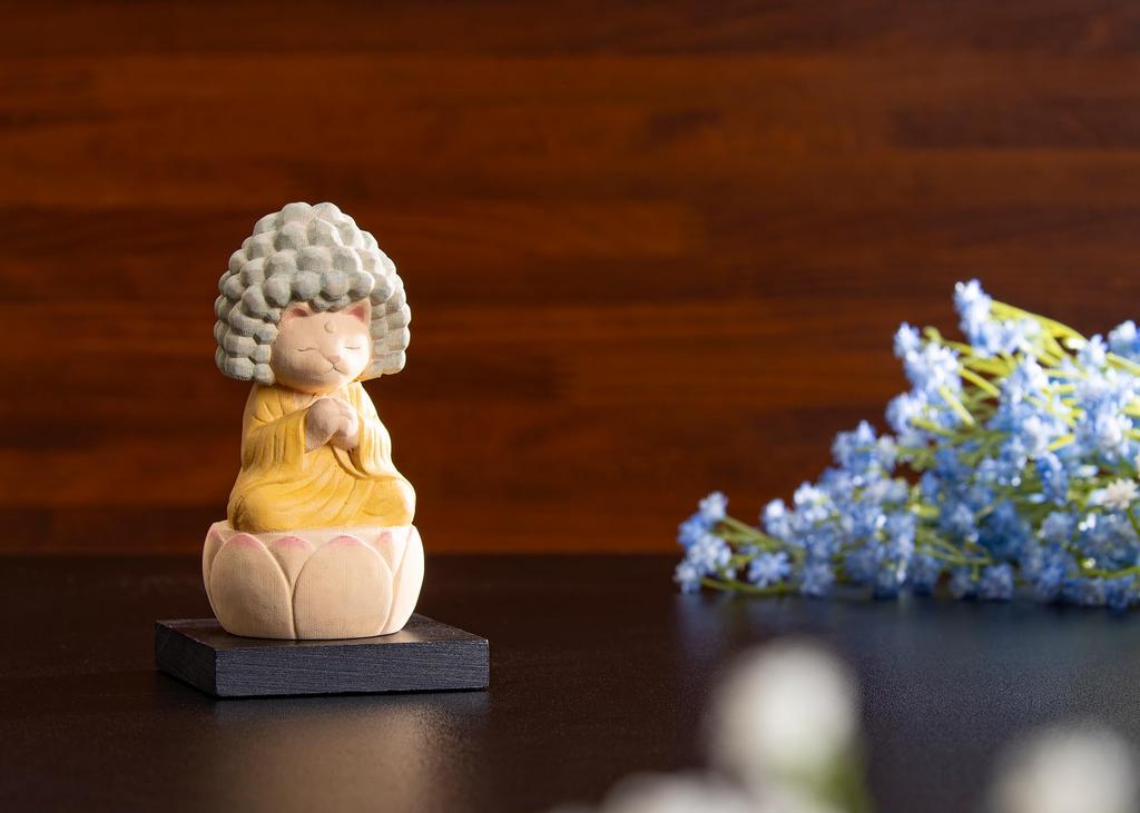 Cat Buddha Five Kalpa Contemplation Amida Original Sculptor and Butsuya Sakai Wooden Carving Buddha Statue Lucky Feng Shui Ornament Buddha,