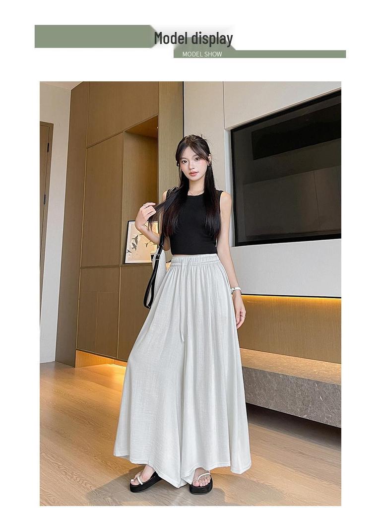 Women's High-Waisted Linen-Cotton Wide-Leg Pants: Loose, Slimming, Versatile, Textured Nine-Point Culottes