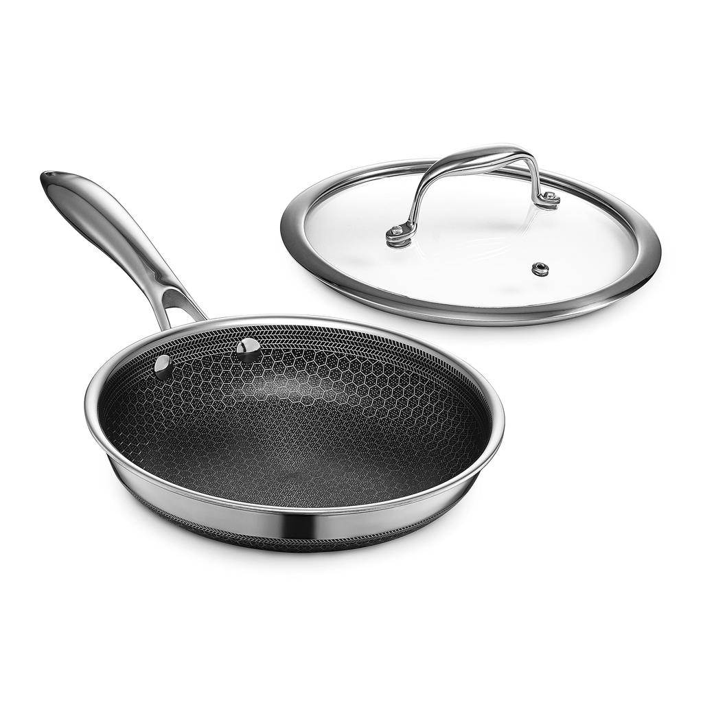 HexClad Hybrid Non-Stick Frying Pan 20cm Non-stick Coating IH/Oven/Dishwasher Safe With Tempered Glass Lid