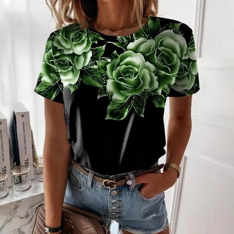 Модная футболка с 3D цветочным принтом для женщин, с круглым вырезом, с коротким рукавом, топы, женские свободные футболки оверсайз, одежда Y2k для девочек, футболки