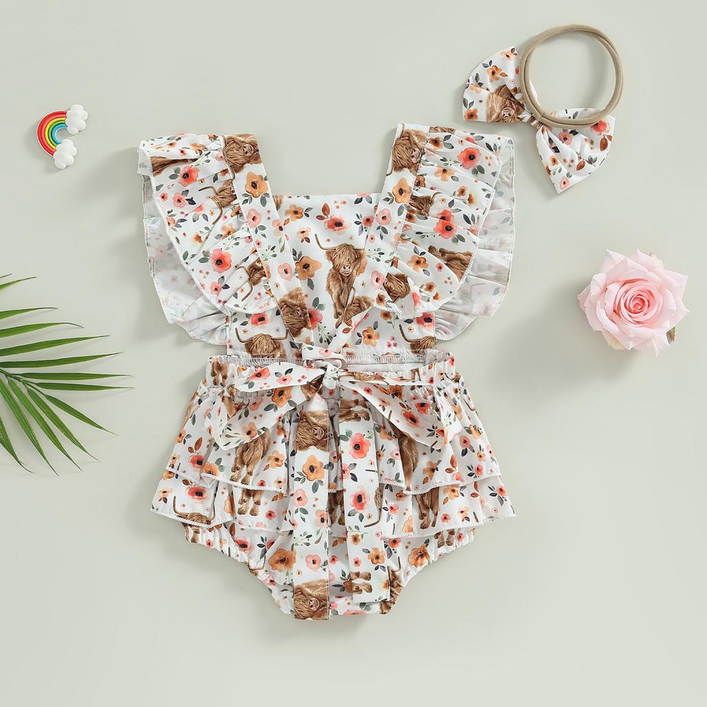 Girls Romper Head Band Suit Summer Fly Sleeve Square Neck Bull Print Romper Bow Headwear