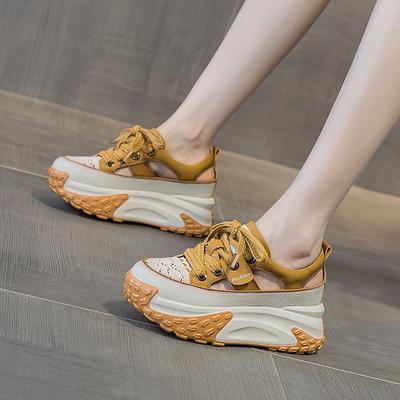 Папины кроссовки кожаная поверхность полые женские ретро легкие с внутренней высотой увеличивающие рост повседневные спортивные туфли сандалии на платформе