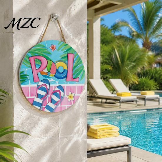 Wooden Hanging Sign Summer Pool Sign, Weather Resistant Solid Wood Plaque with Party Gift Hemp Rope for Outdoor Beach And Swimming Decoration