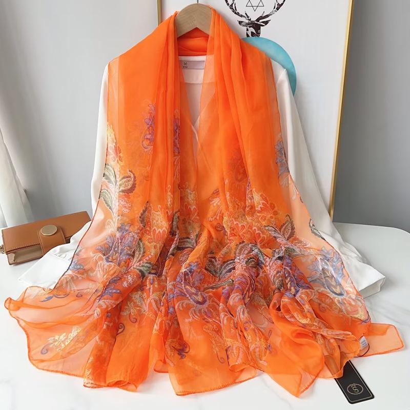 Women's Long Printed Silk Scarf - Ultra-Thin, All-Season, Middle-Aged Mother Style