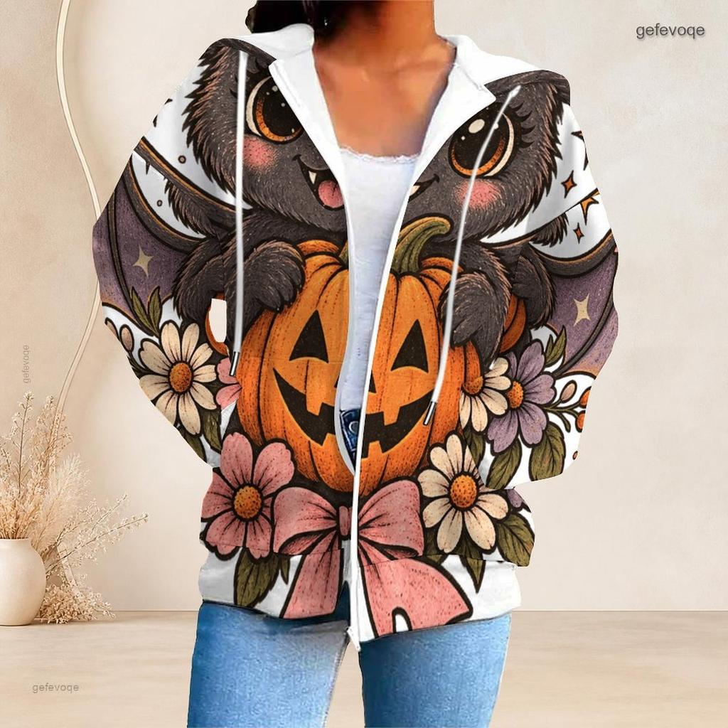 Women Plus Size Zip Up Hoodie Cute Bat Cat Pumpkin Floral Bow Print Long Sleeve Casual Hooded Sweatshirt