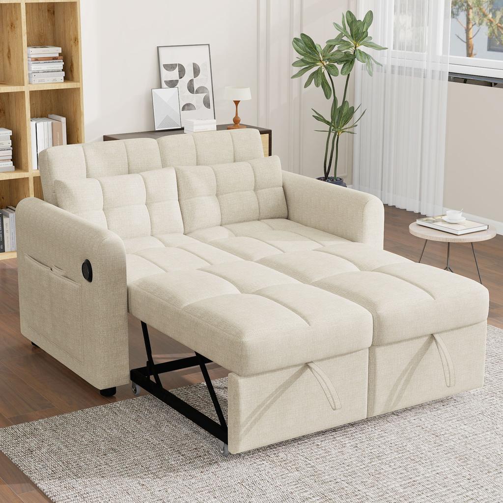 Modern Design: Loveseat 3-in-1 Pull-Out Sofa with Adjustable Backrest, USB, Armrest Pockets and Cushions. Suitable for Living Room, Bedroom, Apartment