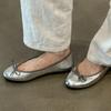 Кожаные ретро туфли-балетки с бантом, в стиле нежного ветра, французские серебристые с круглым носком, на плоской подошве, с неглубоким вырезом, одинарные туфли, мягкая подошва, туфли для бабушек