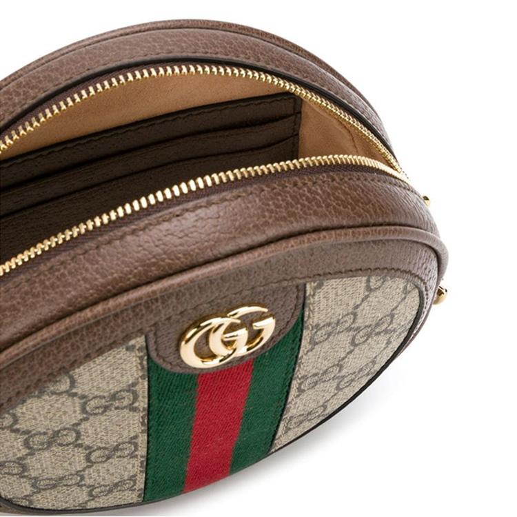 Gucci Круглая монетница из канвы GG Supreme с отделкой из коричневой кожи и полосой Web, Женская сумочка-клатч на запястье для ежедневных поездок 574841-96IWG-8745