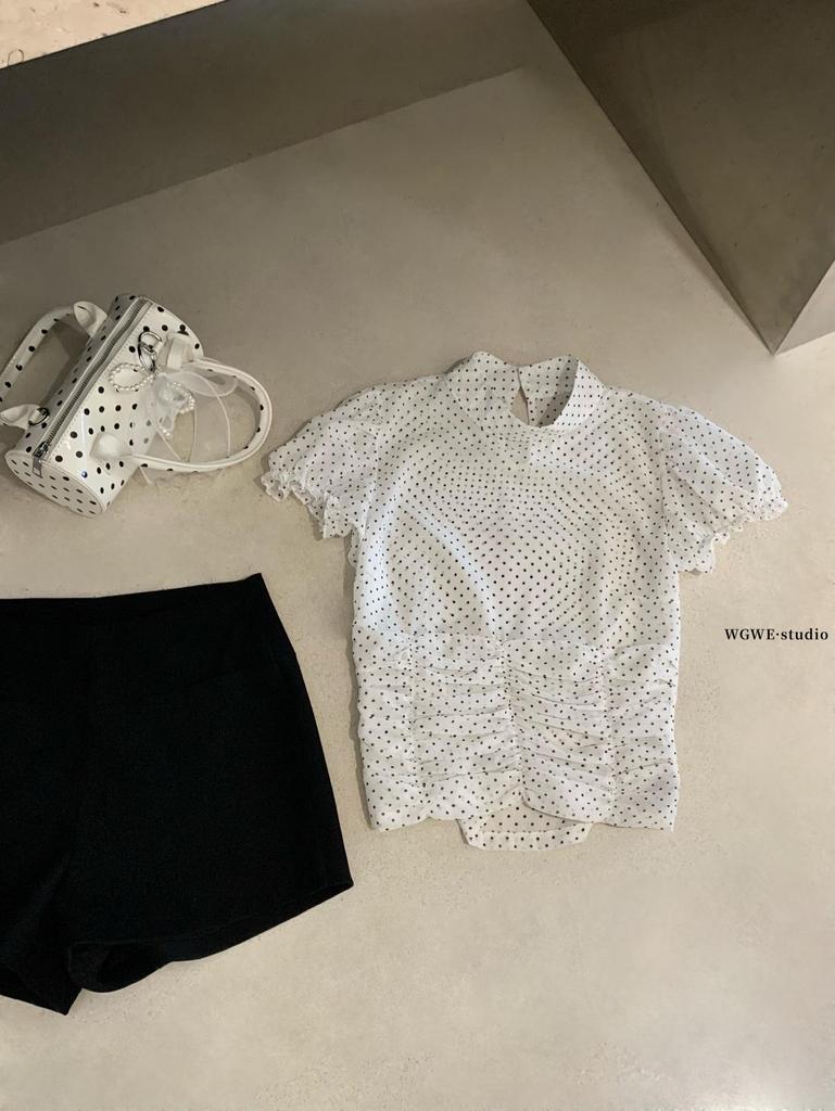 Polka Dot Short-Sleeve Shirt with Pleated Waist - Women's Spring/Summer Trendy Top