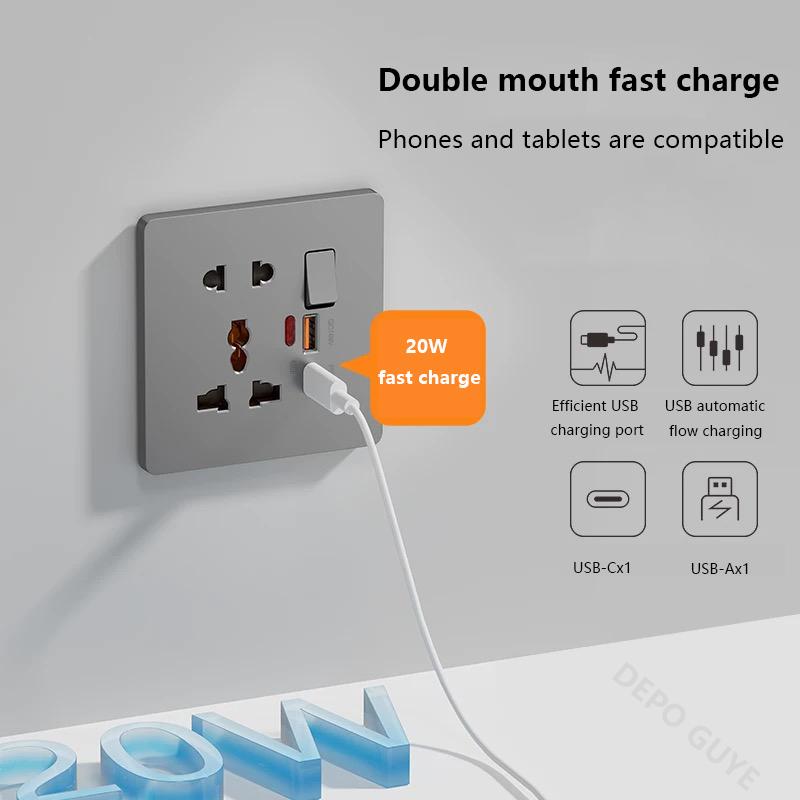Universal 3/5Pin Smart Socket With 20W Fast Charging Type-C Port,UK Plastic Electrical Wall Double USB Power Outlet AC 110V-250V