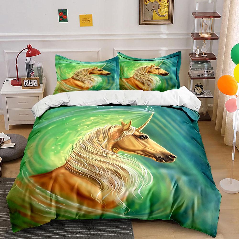 Golden unicorn, green swirl. Bedding sets Duvet cover sets Duvet covers Pillowcases(1 * Duvet Cover 2 * Pillowcases without duvet insert)