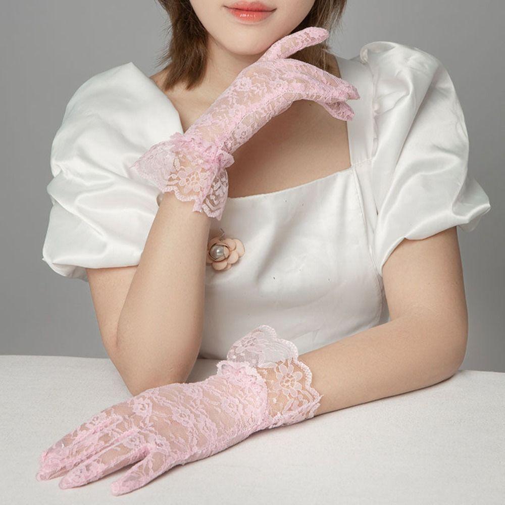 Floral Bride Gloves Wrist Length Full Finger Gloves for Dinner Fancy Costume Accessories