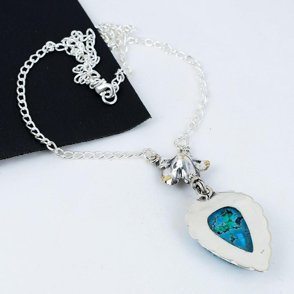 Натуральный тибатне бирюзовый драгоценный камень ручной работы из стерлингового серебра 925 пробы гальванопластика цветок ожерелье, тибатне бирюзовый серебро для жены унисекс кулон подарок