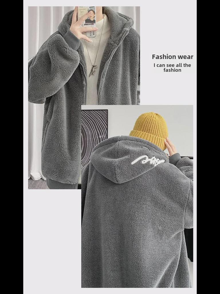Men's Trendy Hooded Lamb Wool Coat - Thick, Loose, Plush Winter Jacket