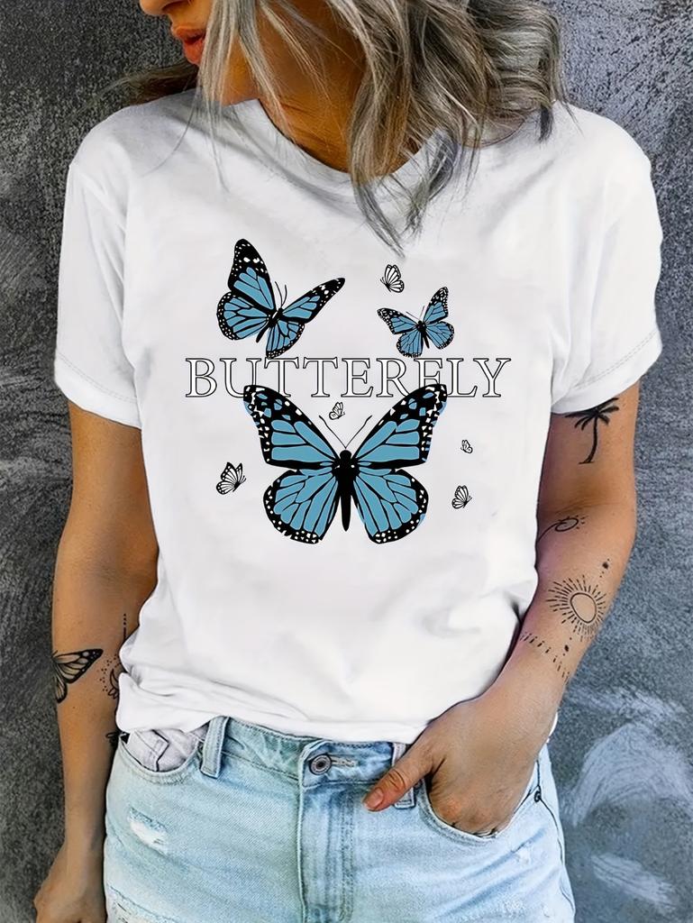 Dragonfly Butterfly Printed Women's T-Shirt for Spring and Summer Round Neck Fashionable Casual Short Sleeved Top Women Clothing