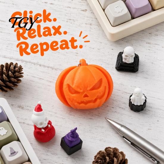 3D Printed Fidget Toy Halloween Clicker for Stress Relief, Pumpkin Skull Ghost Witch Relief Hat Finger Clicker, Push Button Bag Charm