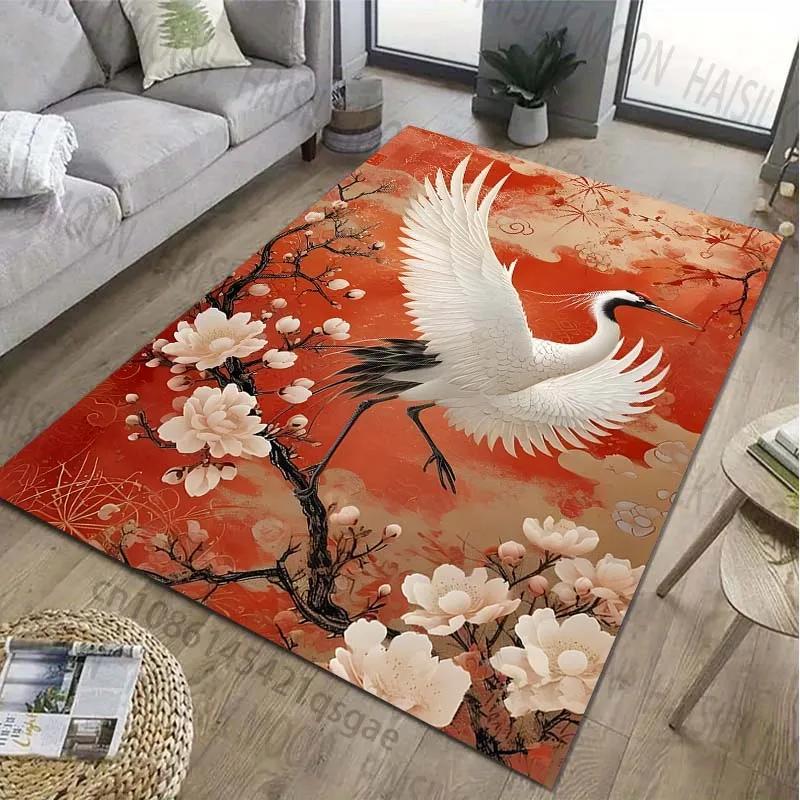 Ковер с узором цапли Классический восточный ковер для гостиной, спальни, прикроватной зоны Нескользящий коврик Декор для дома