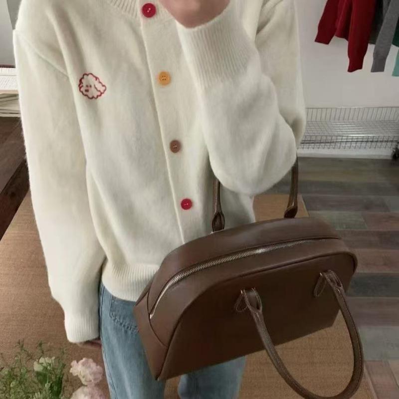 Нежный ретро кардиган с вышивкой щенка, красочной пряжкой, круглым вырезом, вязаный, женский, весенне-осенний, маленькая куртка-свитер