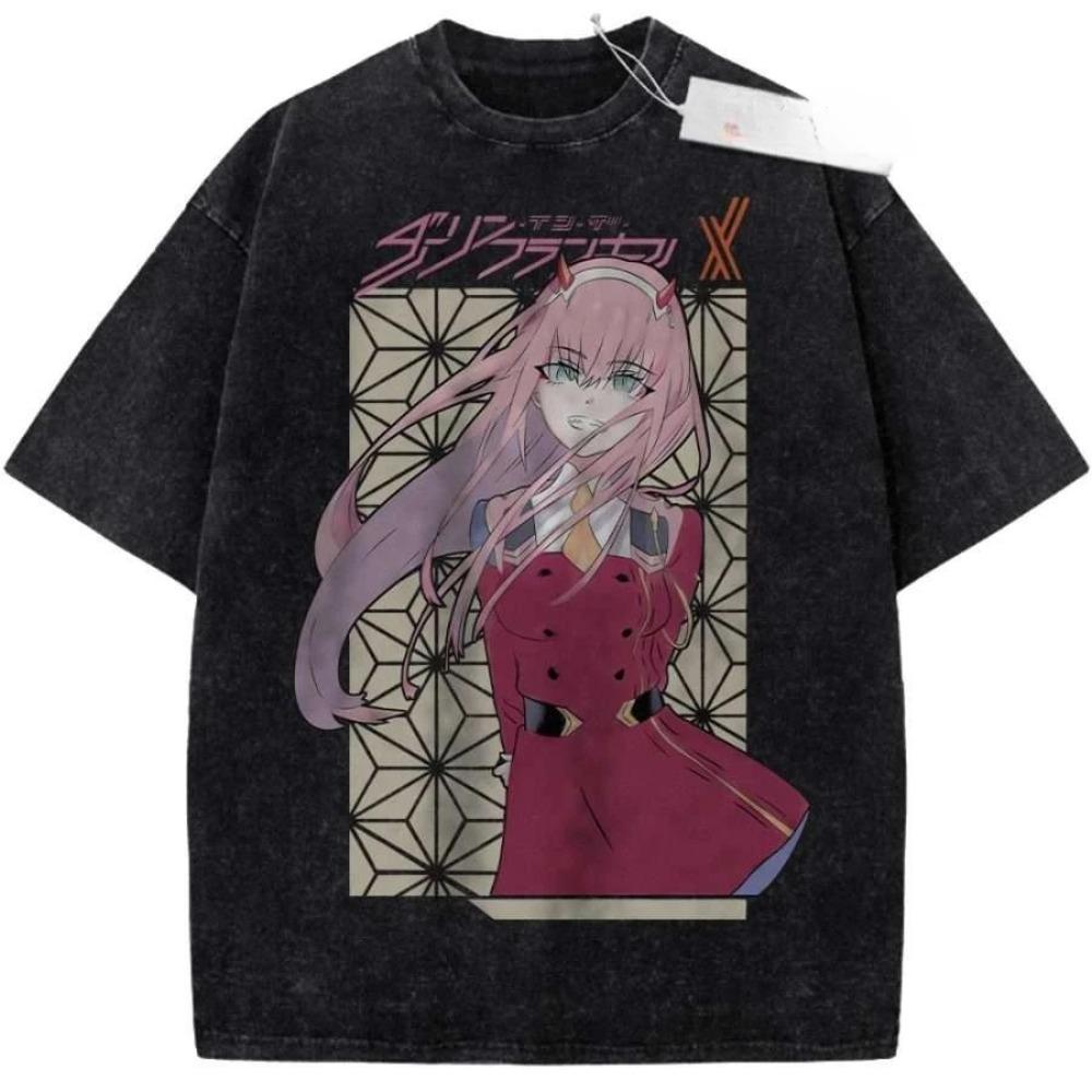DARLING in the FRANXX Зеро Ту 002 Аниме Графическая Футболка Винтажная Стиранная Черная Хлопковая Уличная Футболка