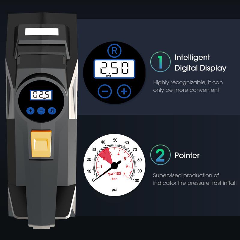 2024 Недавно модернизированный проводной портативный автомобильный воздушный насос HD с цифровым дисплеем со встроенным освещением 12 В 150 фунтов на квадратный дюйм подходит для различных автомобильных шин