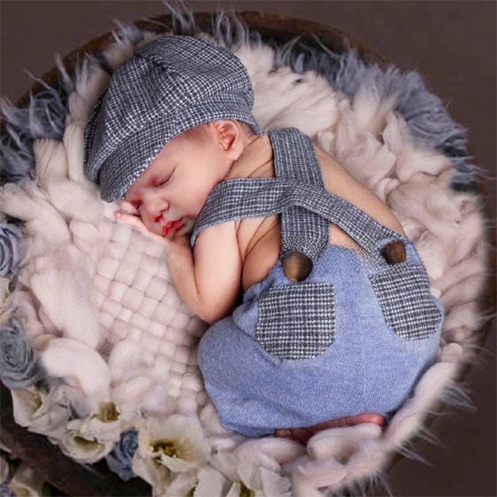 Suspender Romper Newborn Photography Outfit Newsboy Hat Baby Romper Set Baby Photo Shoot