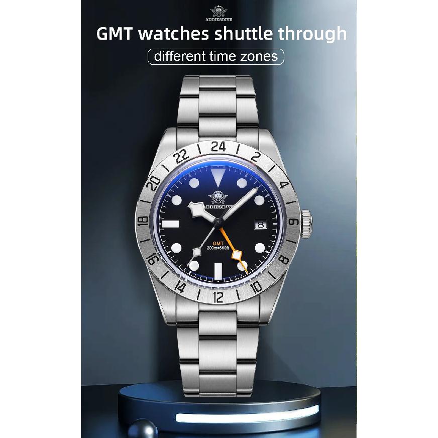 ADDIESDIVE Горячая Распродажа GMT Кварцевые Часы Нержавеющая Сталь Пузырчатое Стекло BGW9 Супер Люминесцентные Мужские Часы AD2035 НОВЫЕ Водонепроницаемые