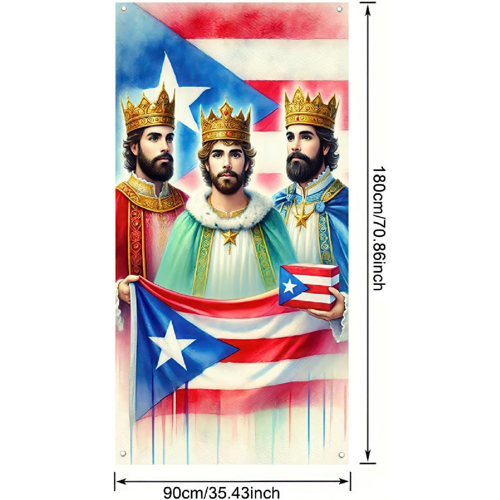 Happy Three Kings Day Epiphany Day Door Cover Banner Backdrop 71 x 35 inch Three Kings and Puerto Rican Flag Party Hanging Backdrop Photography