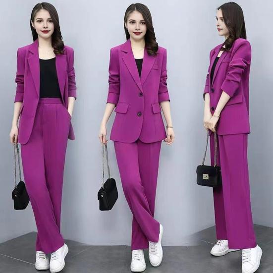 Spring Autumn Thin Section Blazer Women's Lapel Button Section Jacket + Casual Straight Trousers Two Piece Set