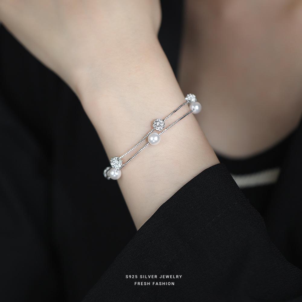 S925 Sterling Silver Double-Layered Starry Pearl Bracelet for Women - High-End, Elegant Design