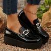 Patent Leather Single Shoes Autumn New Round Toe Deep Mouth Metal Buckle Platform Non-Slip Heeled Loafers