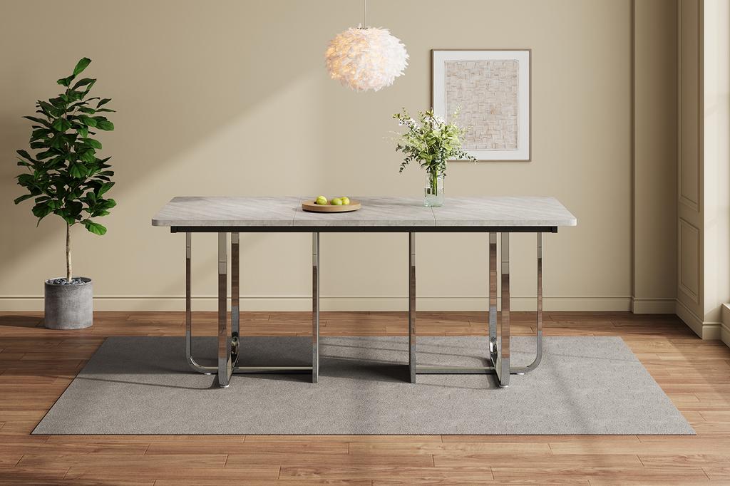 Dining Table, L180*B80*H75cm, Modern Stable Large Rectangular Dining Table for 6 People, Metal Legs, Grey + Silver