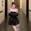 Elegant Off-Shoulder Princess Black Velvet Cinched Waist Dress with Puff Skirt