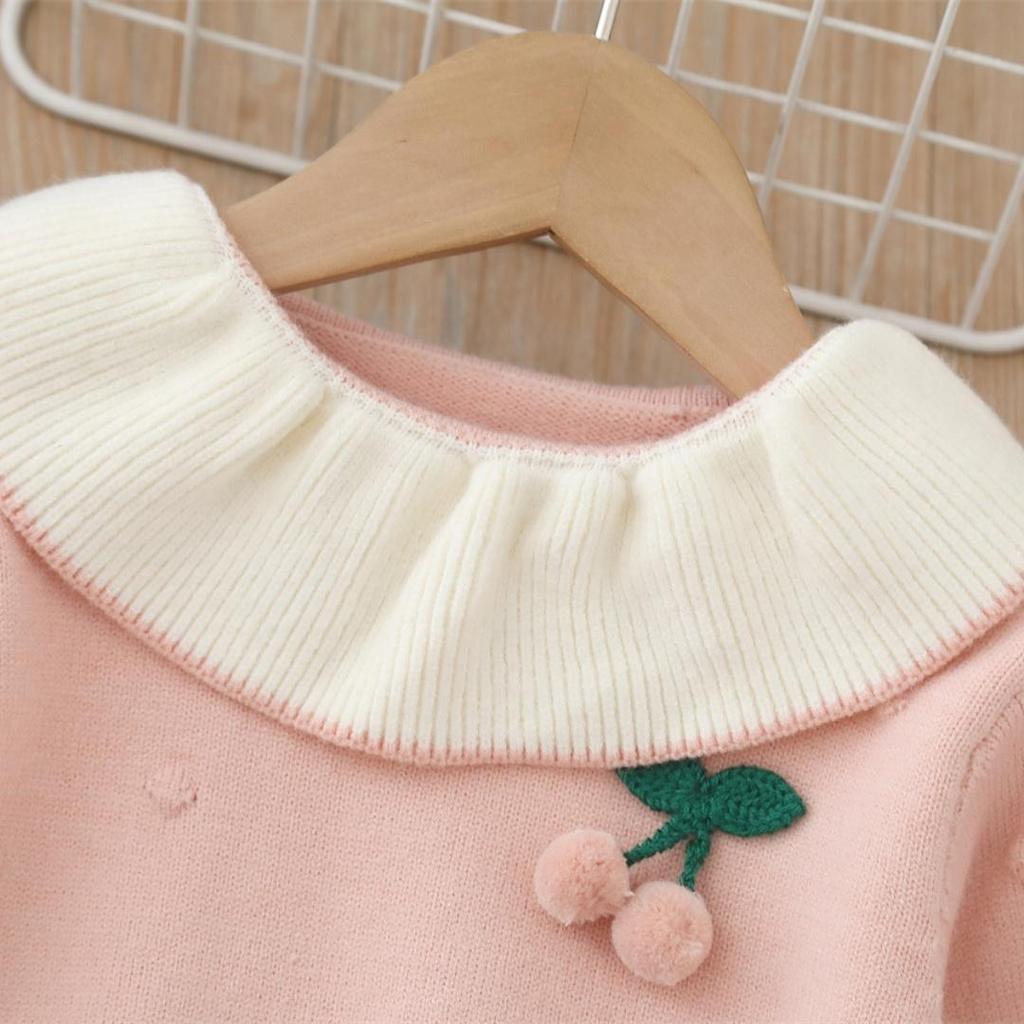 Girls' Knitted Cherry Dress – Long Sleeve Warm Sweater Dress with Ruffled Collar