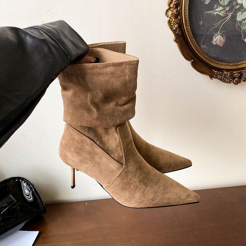 Модные Элегантные Женские Ботильоны на Тонком Каблуке Обувь Плиссированные Модные Остроносые Женские Короткие Современные Ботинки Женские Туфли-лодочки леди