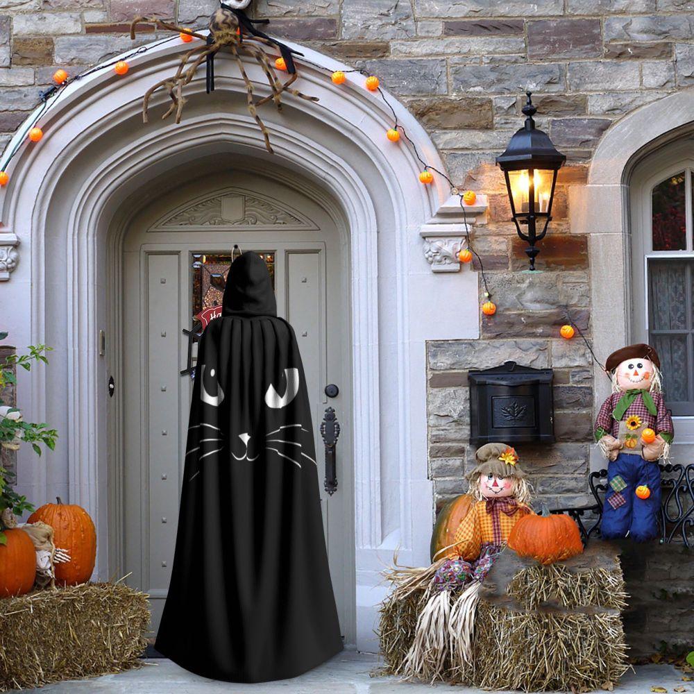 Cute Black Cat Long Hooded Cloak Witch Medieval Costume Cosplay Cape HalloweenVampire Adult Unisex